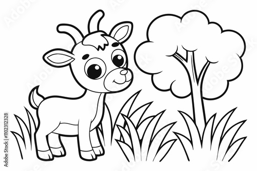 cute Deer, some grass and a tree, coloring book