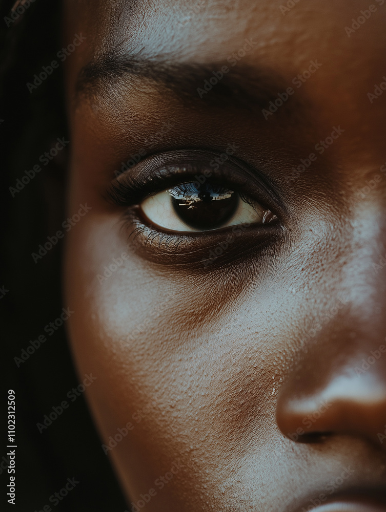 Fototapeta premium Close-Up Of A Dark-Skinned Woman's Face: Radiant Natural Beauty With A Skincare Aesthetic Highlighting Smooth, Healthy Skin And Minimalist Elegance