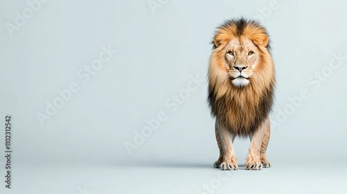 A lion standing in front of a blue background photo