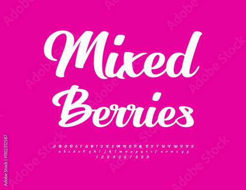 Vector stylish label Mixed Berries. Beautiful Cursive Font. Fashion Alphabet Letters and Numbers set. 