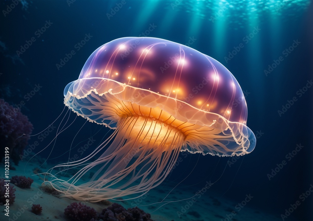 Majestic jellyfish floating in crystal clear ocean waters with vibrant colors Majestic jellyfish floating in crystal clear ocean waters with vibrant colors