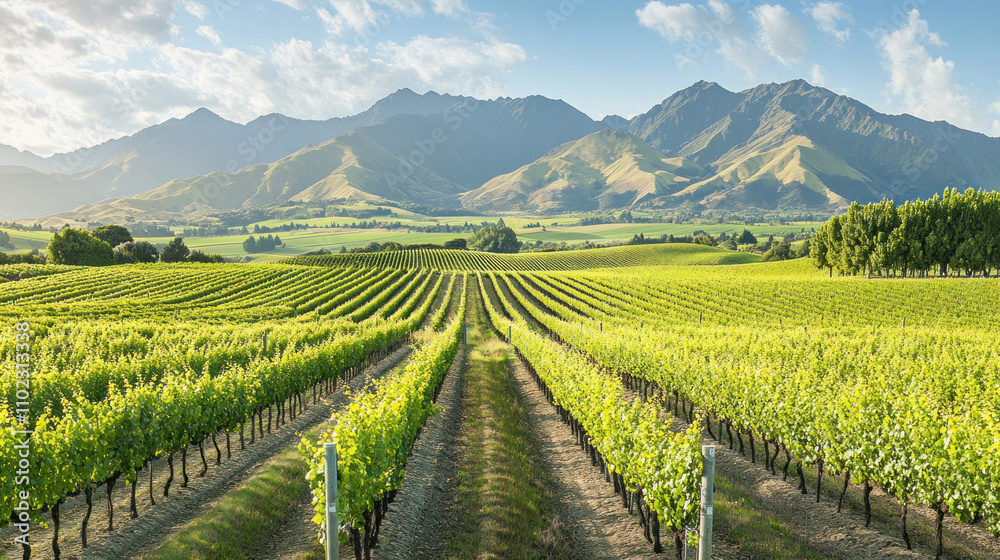 Fototapeta premium Marlborough vineyard rows growing with mountain range background