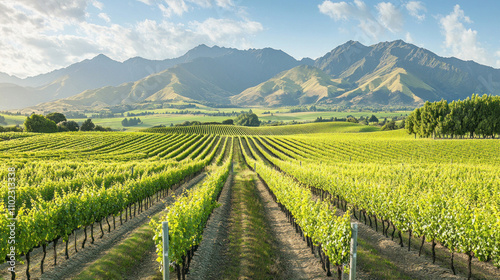 Wallpaper Mural Marlborough vineyard rows growing with mountain range background Torontodigital.ca