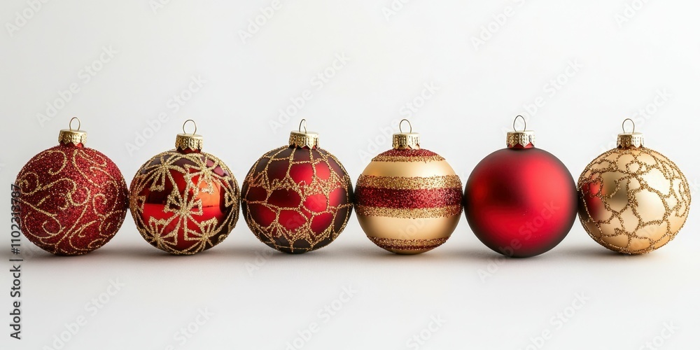 Bright Christmas ornaments in red and gold arranged on a white background festive and elegant style sharp and clean minimalistic design Bright Christmas ornaments in red and gold arranged on a white background festive and elegant style sharp and clean minimalistic design