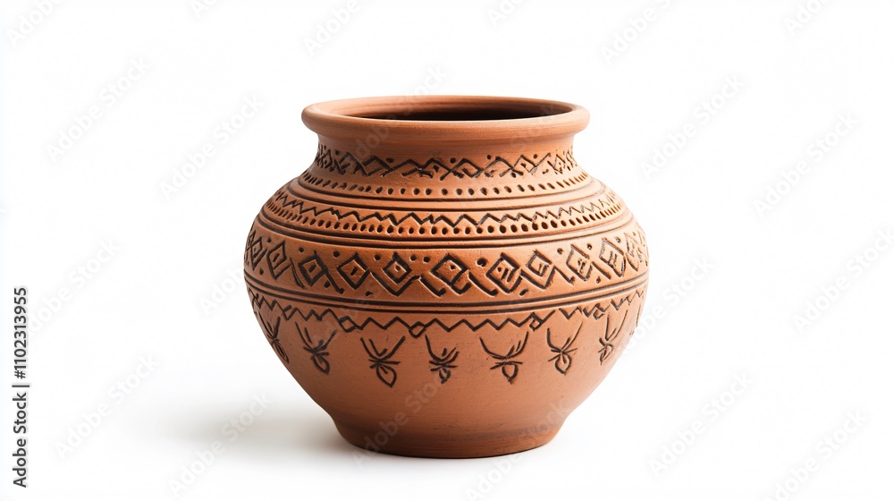 Close up of a clay pot with intricate patterns, isolated on a white background with subtle shadows