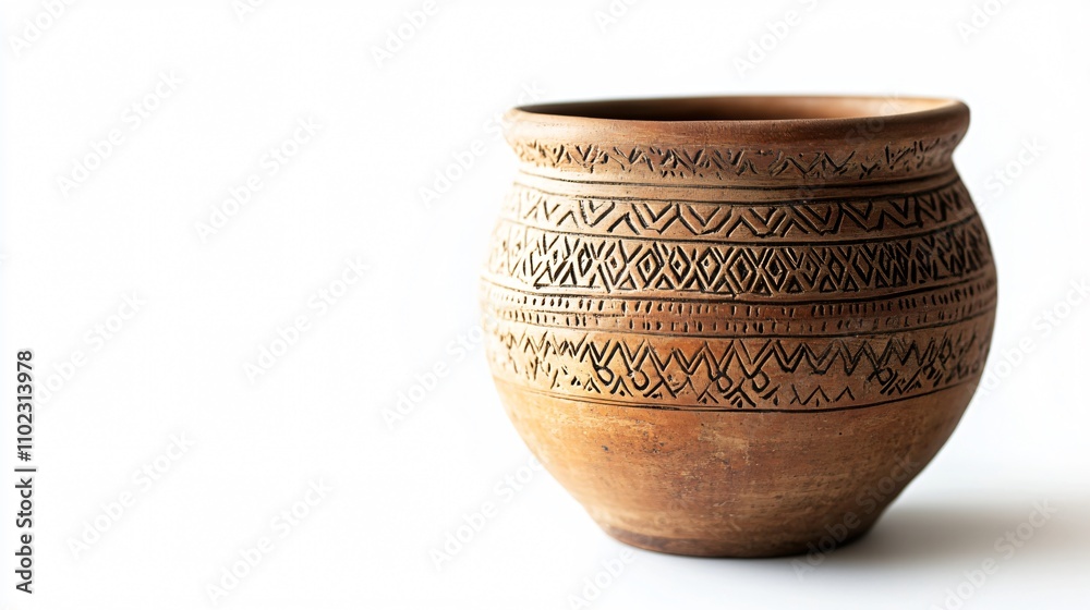 Close up of a clay pot with intricate patterns, isolated on a white background with subtle shadows Close up of a clay pot with intricate patterns, isolated on a white background with subtle shadows