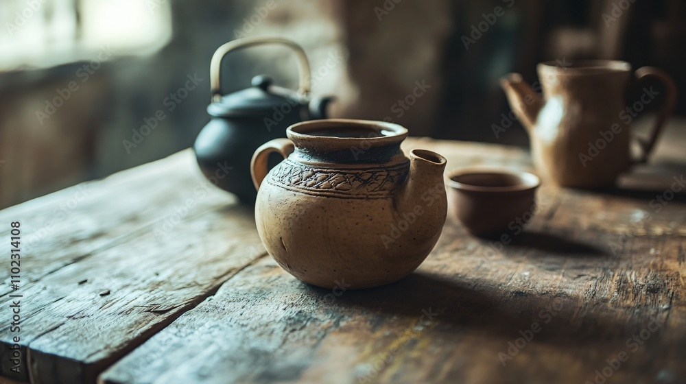 Close up of a small clay pot used as a sugar container, styled with tea props on a rustic table Close up of a small clay pot used as a sugar container, styled with tea props on a rustic table