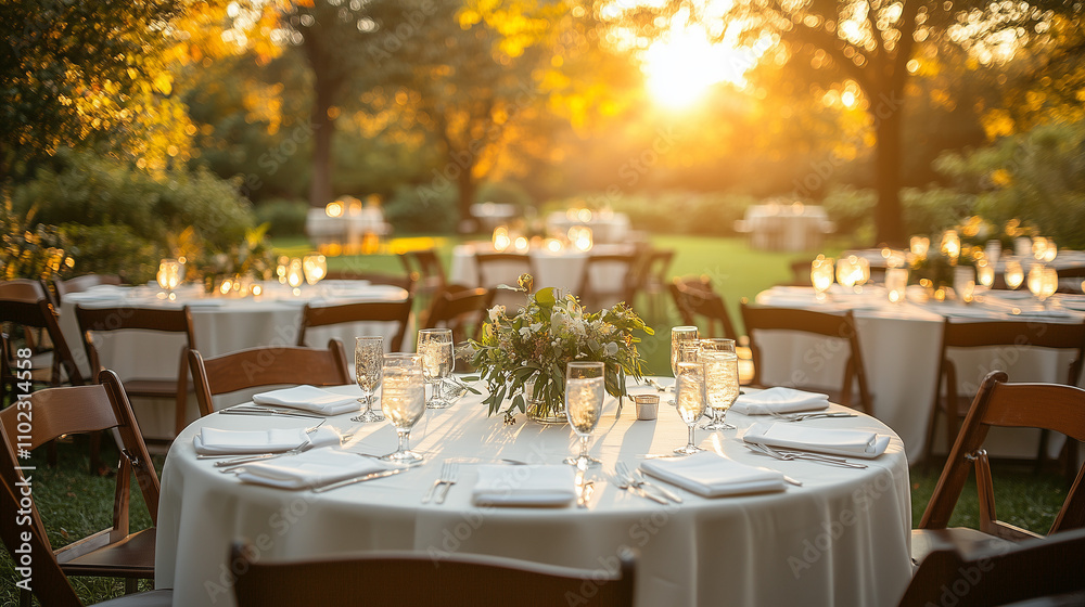 Outdoor Party Garden with Tables and White Tablecloths Outdoor Party Garden with Tables and White Tablecloths