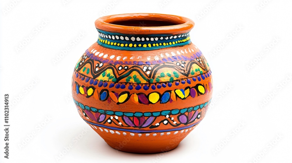 Handmade clay pot with vibrant hand-painted details, isolated on a white background Handmade clay pot with vibrant hand-painted details, isolated on a white background