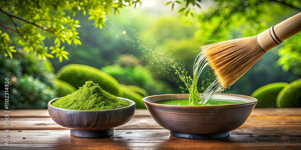 A bamboo whisk is used to blend matcha powder with hot water in a tranquil garden setting. Two bowls are displayed with vibrant green matcha powder on a wooden surface A bamboo whisk is used to blend matcha powder with hot water in a tranquil garden setting. Two bowls are displayed with vibrant green matcha powder on a wooden surface