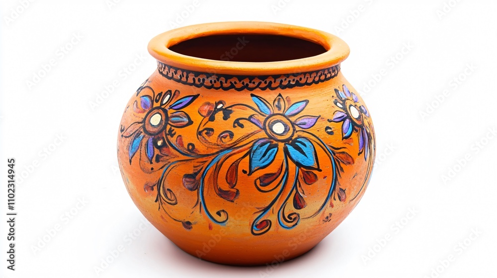 Handmade clay pot with vibrant hand-painted details, isolated on a white background Handmade clay pot with vibrant hand-painted details, isolated on a white background