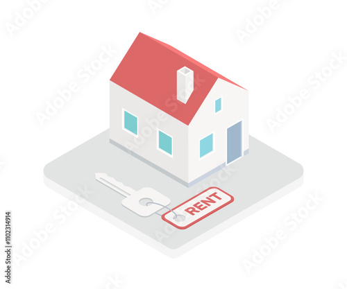 Real estate searching isometric vector illustration. Finding best house for buying rent use magnifying glass. House with smartphone and magnifying glass. Online searching for the best option concept.