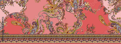 Seamless ethnic pattern of paisley and decorative floral branches. Indian motif.