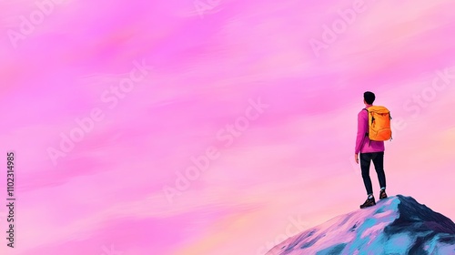 Hiker with orange backpack climbing rocky mountain under pastel pink skies at sunset