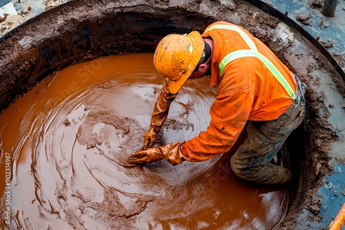 Construction worker mixes material in muddy excavation site during daylight. Generative AI photo