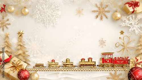 Golden Christmas train with festive gifts, ornaments, snowflakes, and holiday decorations, horizontal format photo