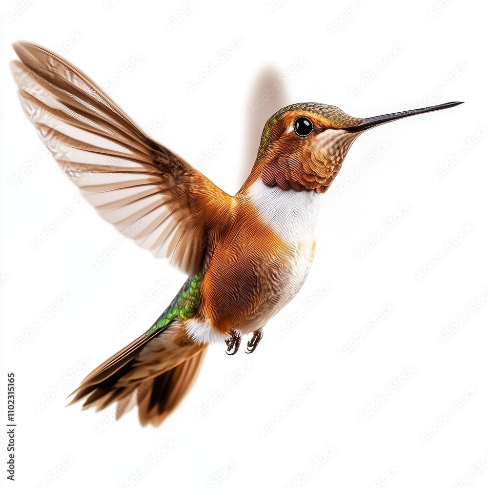 Obraz premium Beautiful Hummingbird in Mid-Flight Captured Against a Soft White Background Displaying Vibrant Colors and Intricate Wing Movement with Nature's Grace and Elegance