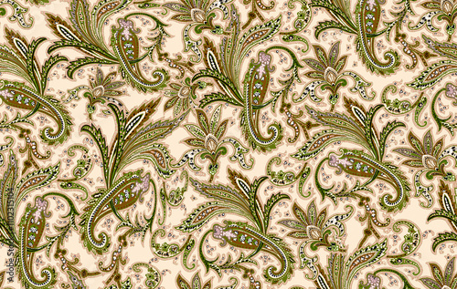 Seamless ethnic pattern of paisley and decorative floral branches. Indian motif.