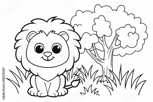 cute Lion, some grass and a tree, coloring book 