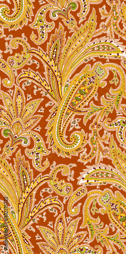 Seamless ethnic pattern of paisley and decorative floral branches. Indian motif.