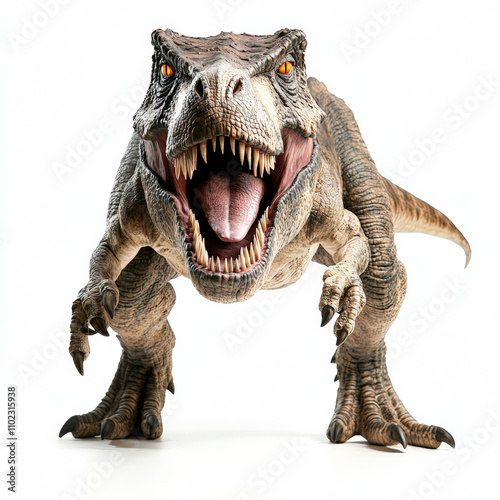 T-Rex roaring into the camera, body turned with face to the front, white background