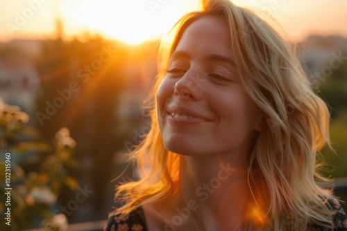 Close up portrait of happy blonde woman city sunset.