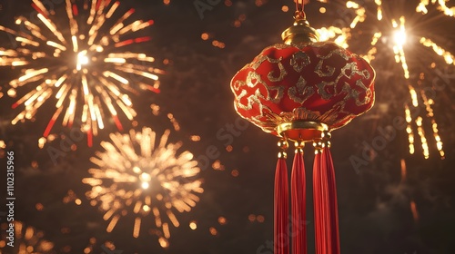 Colorful lantern with vibrant fireworks background.