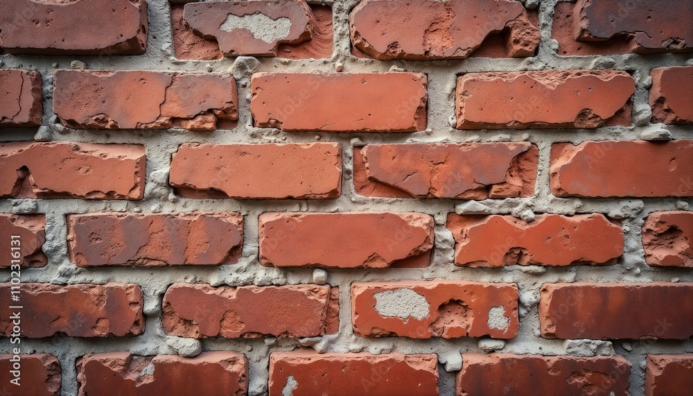 Obraz premium Close-up of textured red brick wall with worn surface and mortar details