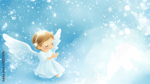 A soft, sky-blue background with a cute little angel. Cerulean. Illustration