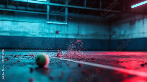 Tennis ball hitting the ground, slow mode photography, dramatic, blue and red tones, indoor court photo