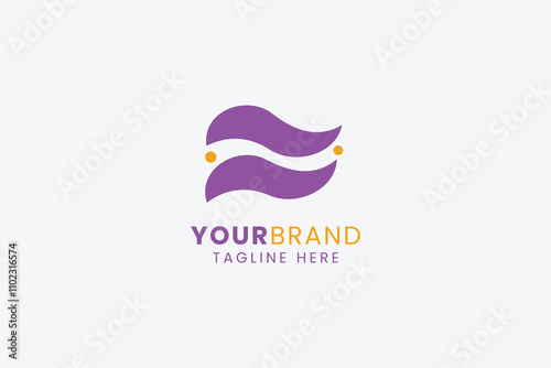 A logo design showcases abstract waves in bright purple and orange hues