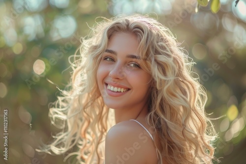 Portrait of happy blonde girl in outdoor fashion setting.