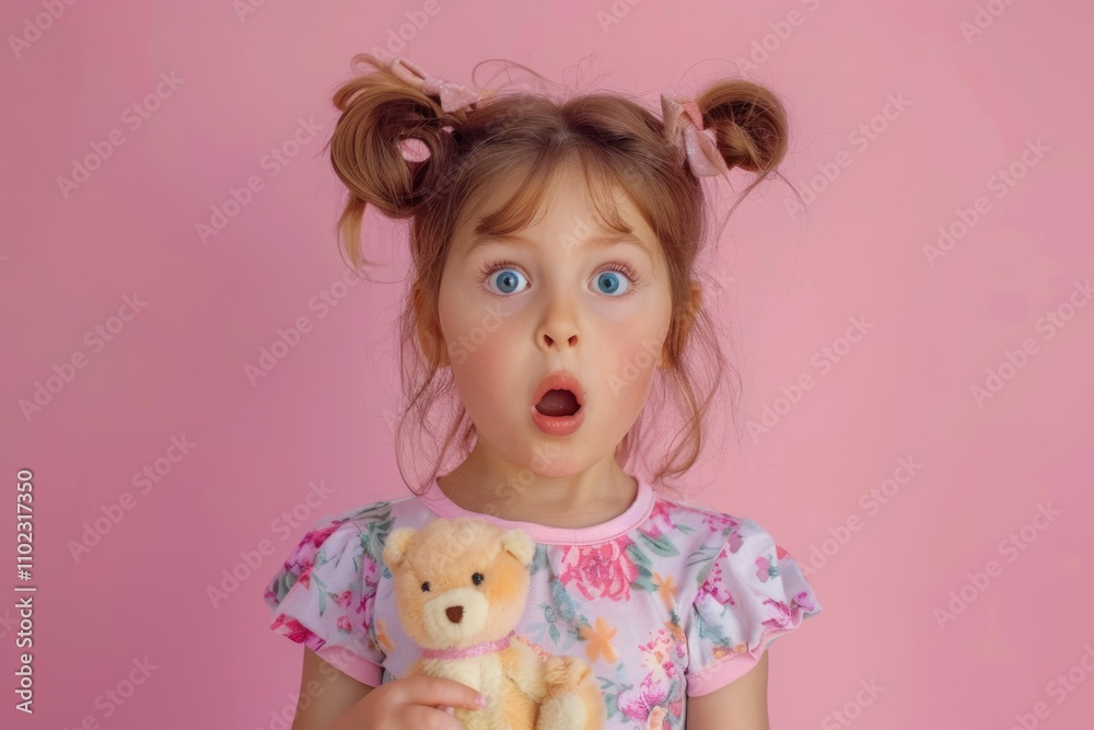 Girl surprised with new toy doll in summer collection photo. Girl surprised with new toy doll in summer collection photo.