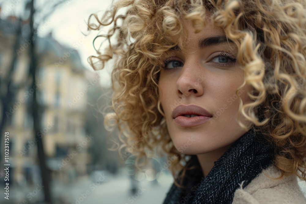 Blonde woman walking on street turns to camera. Blonde woman walking on street turns to camera.