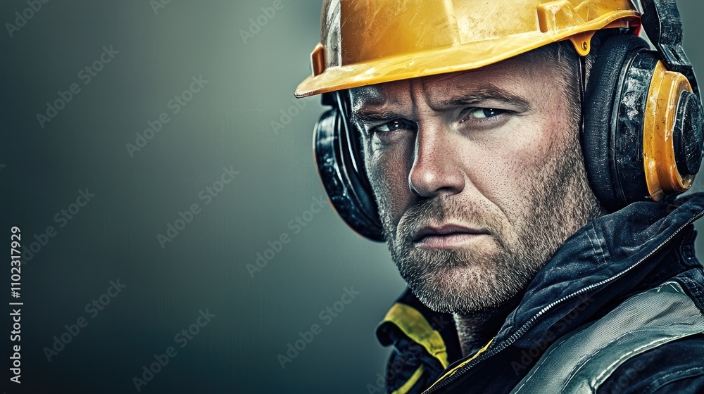 Focused Construction Worker Wearing Protective Gear and Helmet in Industrial Environment, Capturing Determination and Safety in the Workplace