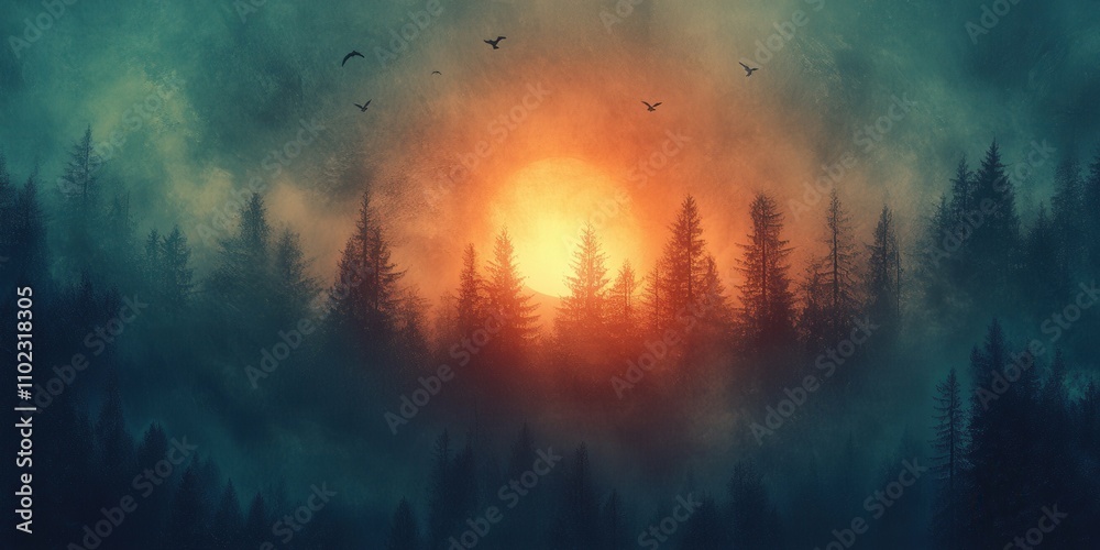 Naklejka premium Forest with trees and birds flying in the sky