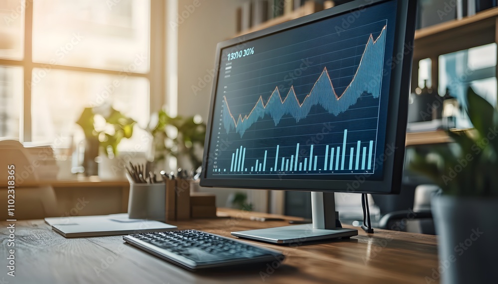 Modern office desk with financial data display.
