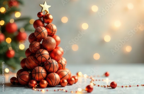 Christmas tree made of many basketball balls on a light background with garlands and bokeh, copy space