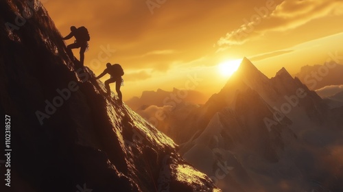 Two climbers ascend a steep mountain at sunrise, embodying resilience and ambition