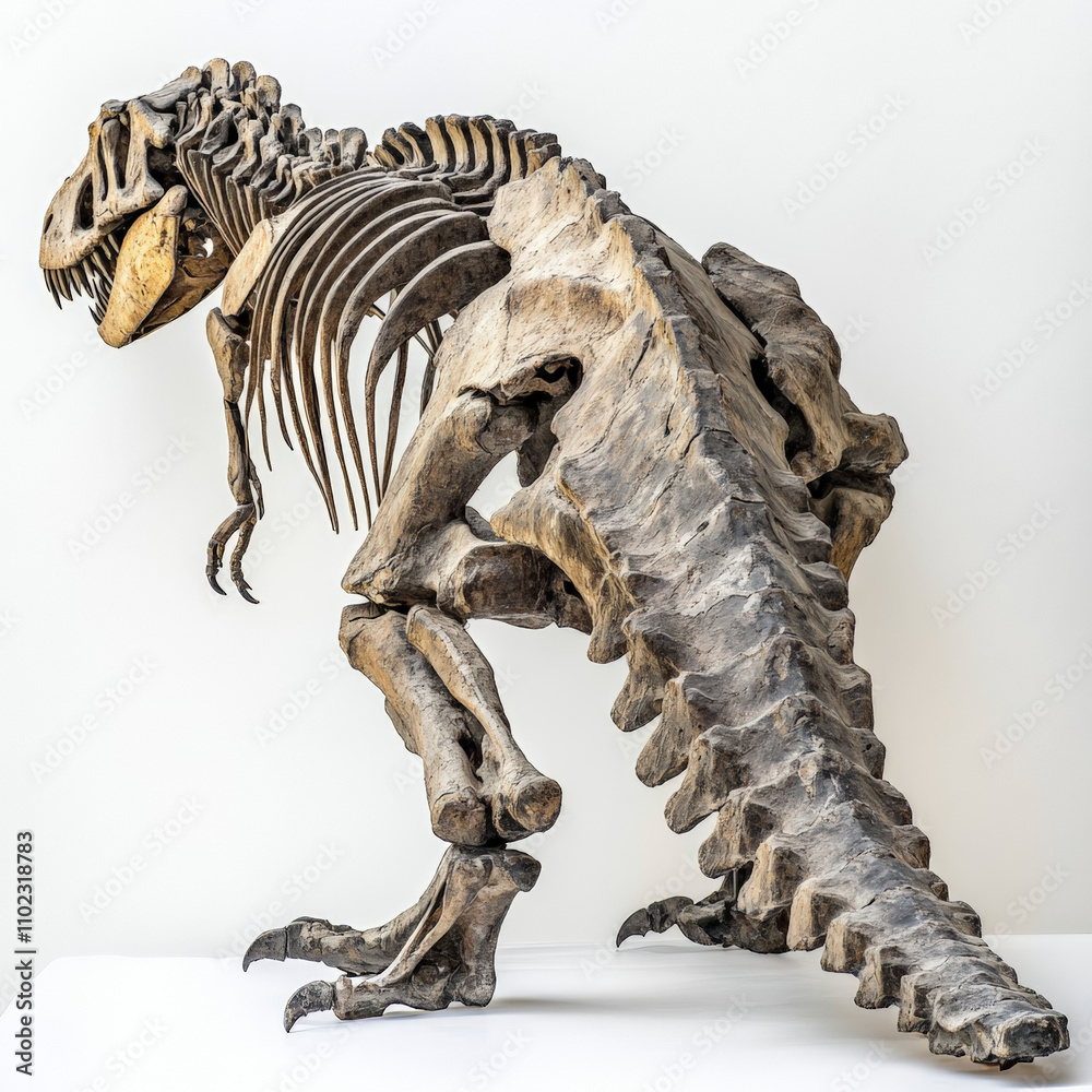 T-rex scheletro back view on white background 