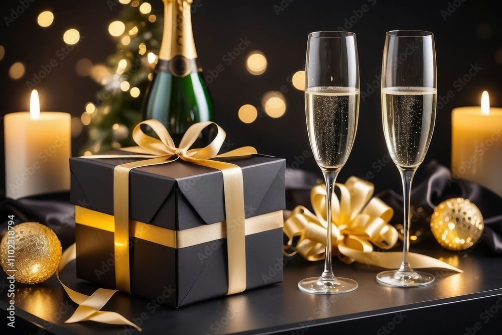  Elegant gift box with champagne and candles on festive table