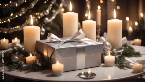  Elegant gift box with candles on festive table