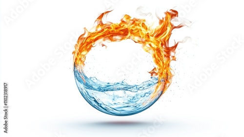 Visual Representation of the Elemental Forces of Fire and Water Merging in a Symbolic Circular Design with a Clean White Background