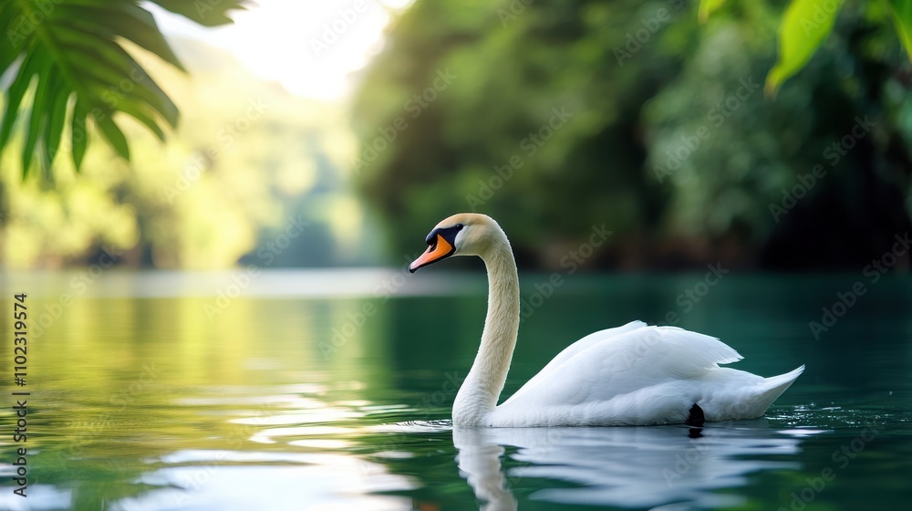 An elegant swan swimming serenely on lush green waters, surrounded by tranquil natural beauty, representing purity and the serene grace of wildlife in harmony. An elegant swan swimming serenely on lush green waters, surrounded by tranquil natural beauty, representing purity and the serene grace of wildlife in harmony.