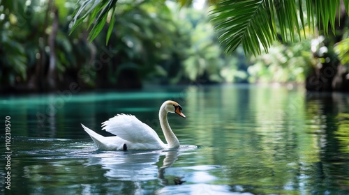 A white swan paddles through a verdant waterway, surrounded by vibrant greenery, capturing the serene atmosphere of a natural habitat filled with life and vitality. photo