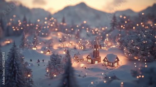 Linen tablecloth featuring a simple snow-covered village with twinkling lights.