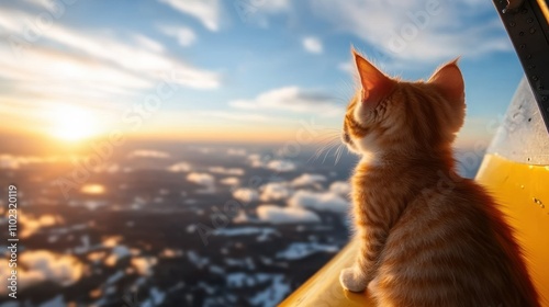 A ginger kitten observes the dramatic sky from a colorful aircraft, symbolizing exploration, curiosity, and the playful spirit of new adventures taking flight. photo