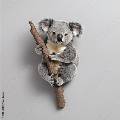 Adorable koala clinging to a wooden branch, showcasing its unique features and fluffy fur against a light gray background, perfect for wildlife themes photo