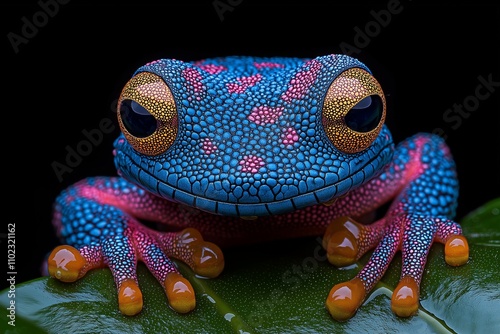 Colorful frog perched on a leaf showcases nature\'s vibrant patterns and textures photo