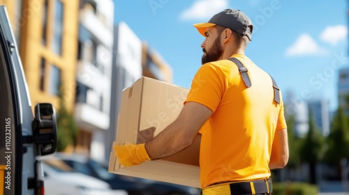 An orange-clad delivery worker transports a large package, embodying strength and efficiency, set against an urban backdrop that highlights modern logistics.